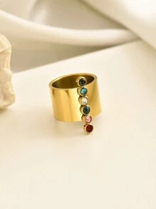 一件奢華不鏽鋼寬戒指配有彩色立方氧化鋯，適合女性日常或派對場合佩戴 - 金色 - 查看 10