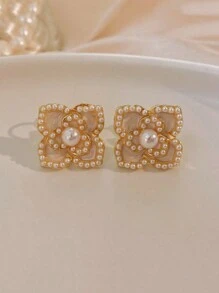5 Stücke/Set Luxuriöse Faux-Perlen, Blume, Strass, Quadrat & Ellipse design Frauen Ohrstecker, geeignet für täglich & Festival tragen