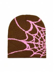 1pc Women's Y2K Street Style Knitted Beanie Hat, Autumn/Winter Double-Layer Spider Web Intarsia Pattern With Halloween Elements, Suitable For Daily Wear - Multicolor - View 9