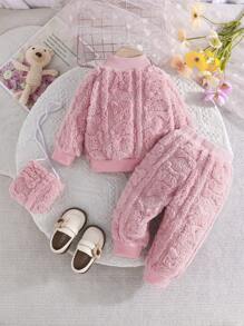 2 Stücke Baby Mädchen Set aus einfarbigem, dick thermisch gefüttertem Kapuzensweatshirt und thermisch gefütterten, warmen Hosen, süße Tasche, Herbst/Winter