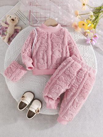 2pcs Baby Girls Solid Color Thick Thermal Lined Hooded Sweatshirt And Thermal Lined Warm Pants Casual Set, Cute Bag Set, Autumn/Winter