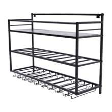 Futchoy Portabottiglie da Parete a 3 Livelli con Portabicchiere Portabottiglie in Metallo per 9 Bottiglie Portabottiglie con Ripiano per Tazze Adatto per Cucina, 31,5*9,8*21,6 Pollici