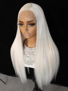 SALLYWELL 白色合成蕾丝前假发，适合女性和女孩，长而柔顺的直发，无需胶水，自然发际线，中分，耐热纤维材质。