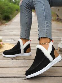 Fall/Winter Plus Size Women's Casual Patchwork Snow Boots, Lightweight, Comfortable Low-Top Fluffy Lined Warm Boots, Slip-On Loafers