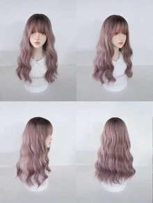24 Inch Brown To Pink Ombre Wavy Wig With Bangs - Heat Resistant Synthetic Fiber Wig Cap With Rose Gold Net - Natural Long Wavy Ombre Hair Style Suitable For Daily, Party, Cosplay - Fits All Skin Tones - Ombre - View 9