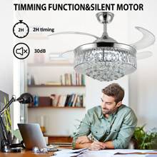 36 Inch Crystal Ceiling Fans With Lights, Modern Dimmable Fandelier LED Remote Control Retractable Invisible Blades Indoor Reversible Ceiling Light Kits With Fans For Decorate Living Room Bedroom - Bạc - Xem 6