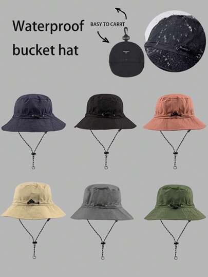 Waterproof Outdoor Sports Windproof Drawstring Adjustable Wide Brim Hat, Lightweight Bucket Hat/Random Style Hat Strap