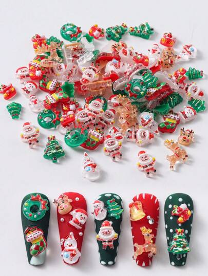 FULL BEAUTY 1pack Cartoon Cute Red Santa Claus 3D Relief Christmas Nails Decoration Pine Christmas Tree Snowman Elk Deer Animal Xmas Stocking Bell Holiday Nail Charms DIY Nail Supplies ABS Resin Nail Gem Random Mixed Pattern