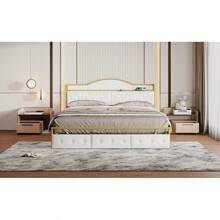 Metal Platform Bed With 3 Drawers, Storage Headboard, King, Gold
