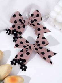 2 件女孩波尔卡圆点蝴蝶结发夹、黑色迷你花朵和人造珍珠装饰发夹、织物丝带打结发饰、鳄鱼发夹、儿童青少年发饰、秋冬发夹 - 彩色 - 查看 11