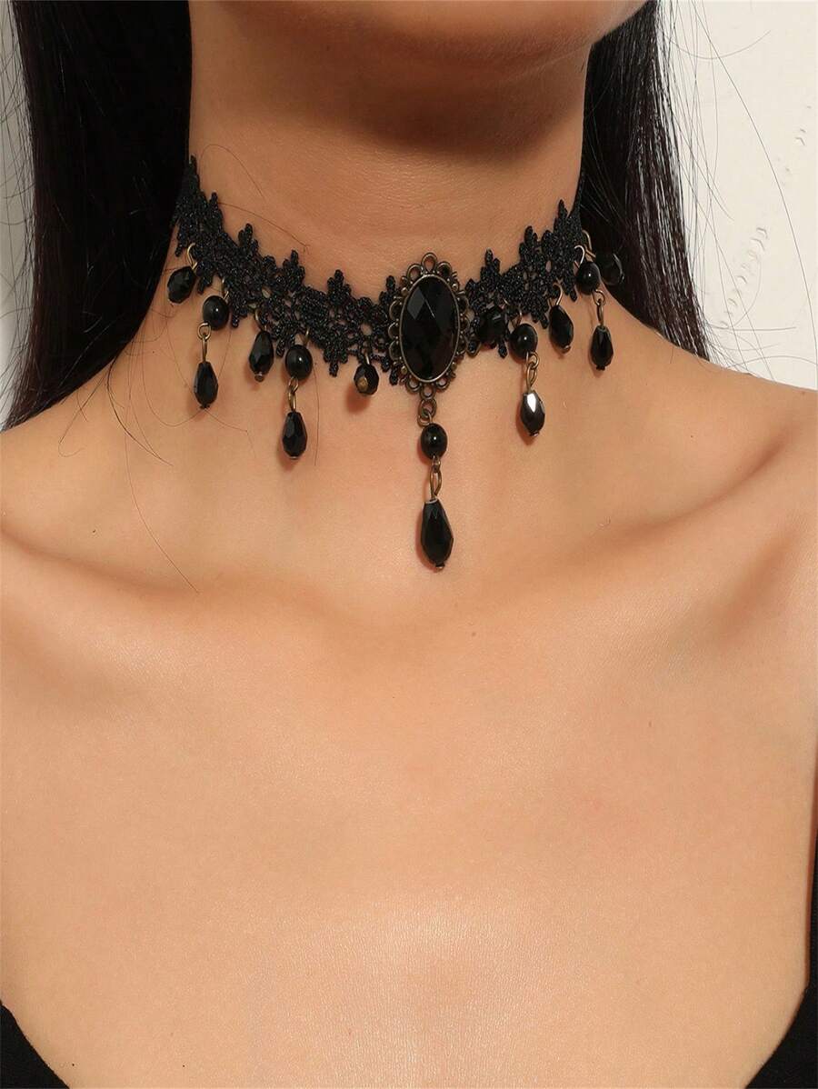1 chiếc vòng cổ mặt dây chuyền pha lê cổ áo phong cách Gothic ren đen cổ điển, vòng cổ choker hoa ren phóng đại dành cho nữ, vòng cổ hoa ren gợi cảm đa năng dành cho hộp đêm, tiệc tùng, lễ hội - màu đen - Xem 1