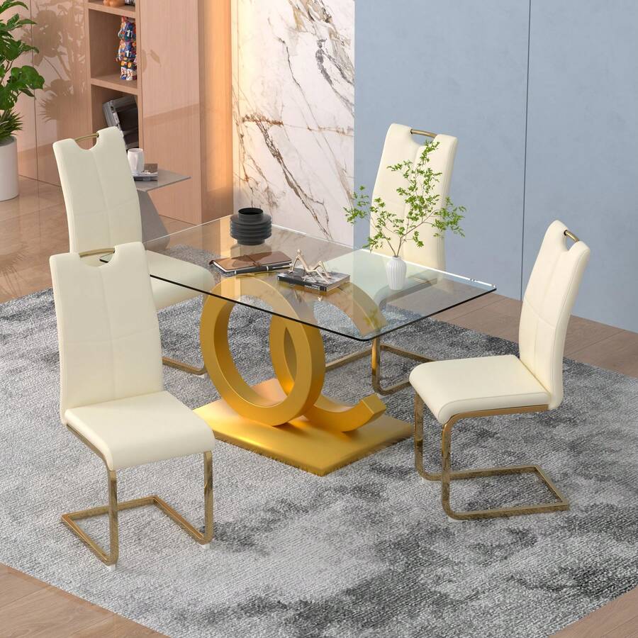 Sumdeal 63" Glass Dining Table With 4 Modern Chairs,Sumdeal 63" Glass Dining Table With 6 Modern Chairs, Golden/Silver - 桌子和 4 張奶油色椅子金腿 - 查看 1