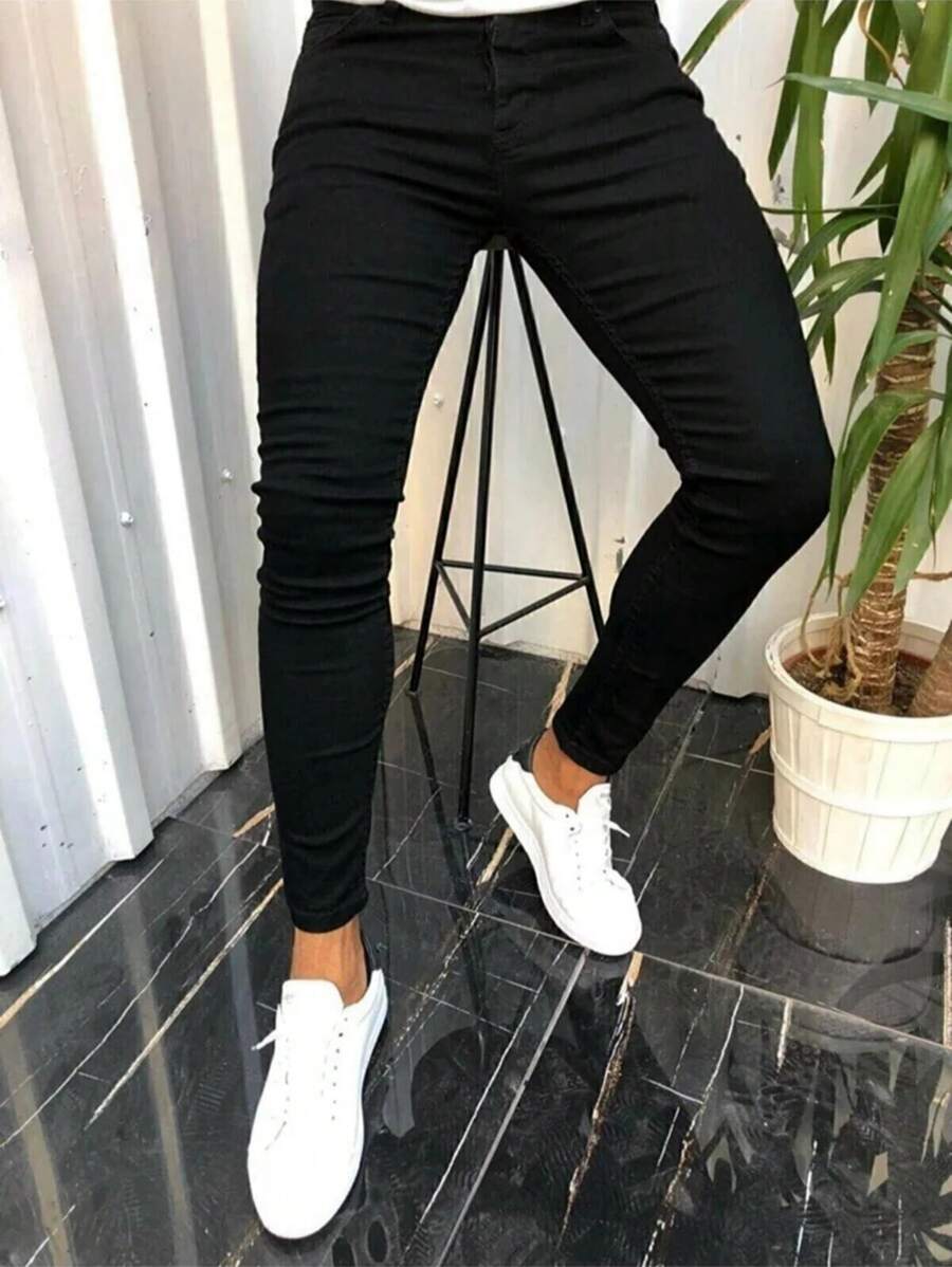 Men's Washed Solid Color Elastic Skinny Jeans Pencil Pants - Black - View 1