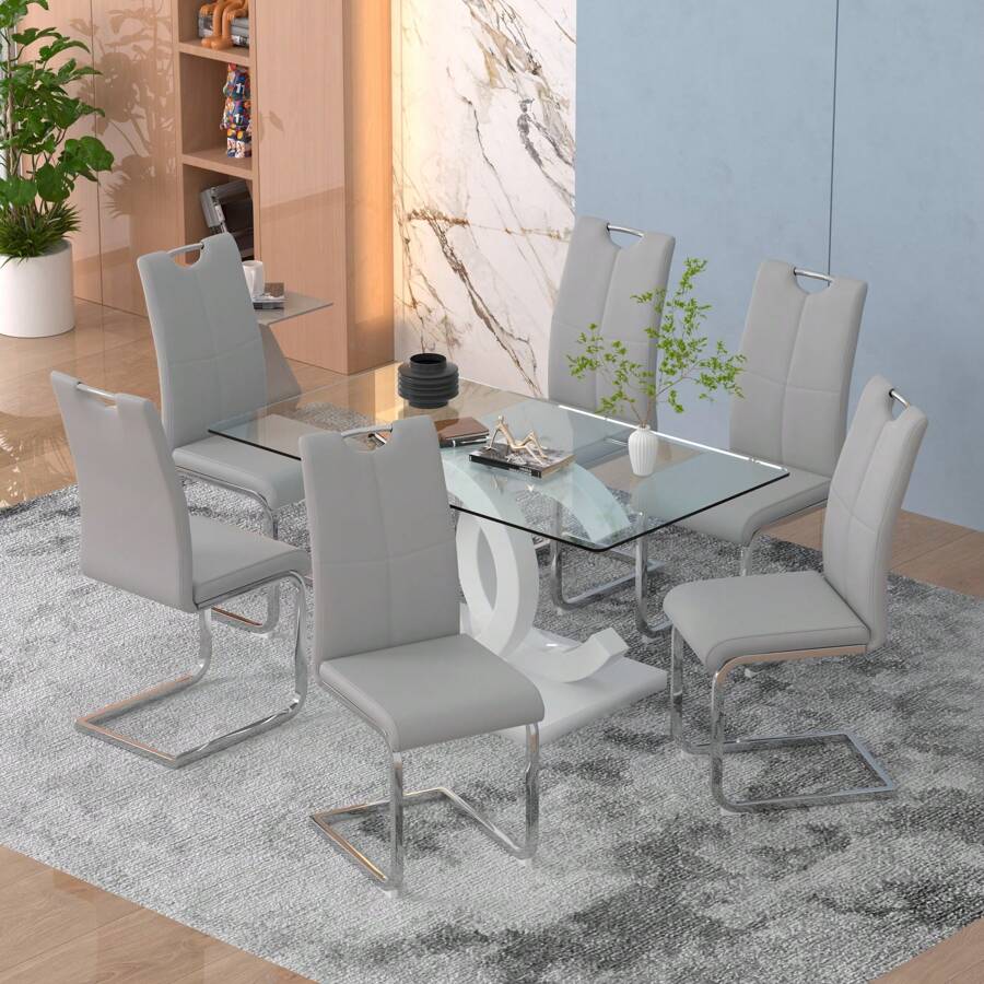 Sumdeal 63" Glass Dining Table With 4 Modern Chairs,Sumdeal 63" Glass Dining Table With 6 Modern Chairs, Golden/Silver - 白色桌子和6張灰色椅子銀腿 - 查看 1