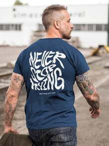 Men's 100% Cotton Basic Printed Never Stop T-Shirt Premium Comfortable Shirt - 藏蓝色 - 查看 1