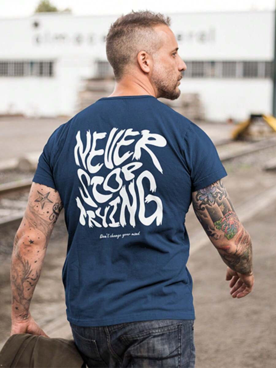 Men's 100% Cotton Basic Printed Never Stop T-Shirt Premium Comfortable Shirt - 藏蓝色 - 查看 1