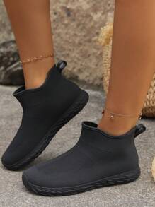 Bottes de pluie imperméables pour femmes, chaussures de pluie simples à texture tissée à la mode, style décontracté extérieur, à fond plat et coupe basse