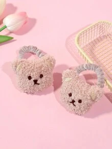 2 件装可爱卡通熊毛绒发圈，女孩蓬松发饰 - 彩色 - 查看 4