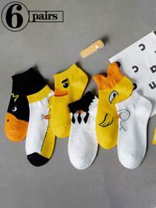 6 双女士袜子女士鸭子图案短袜，可爱袜子时尚休闲柔软舒适日常穿着 - 彩色 - 查看 1