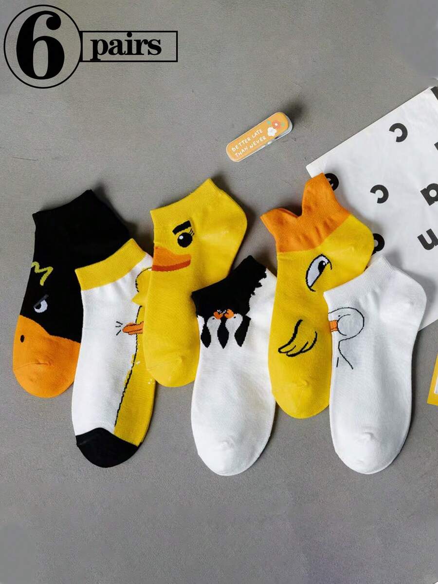 6 双女士袜子女士鸭子图案短袜，可爱袜子时尚休闲柔软舒适日常穿着 - 彩色 - 查看 1