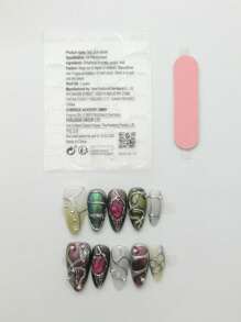 10 móng tay giả hình quả hạnh nhân dài vừa phải, phong cách Y2K & Neon & Heavy Metal & Cyberpunk & Dopamine, làm thủ công, với họa tiết cá sấu, họa tiết nhỏ giọt, họa tiết rắn, kim cương, ngọc trai, hồng ngọc, dây xích. Nhiều màu sắc: Aurora, đen, trắng, bạc, hồng, xanh lá cây, thích hợp cho các buổi hẹn hò, quán bar, câu lạc bộ, dã ngoại cắm trại và tiệc tùng. Bộ làm móng này bao gồm 1 keo dán móng và 1 dũa móng mini, cùng với một bộ móng tay giả thủ công tinh xảo. - Nhiều màu - Xem 11