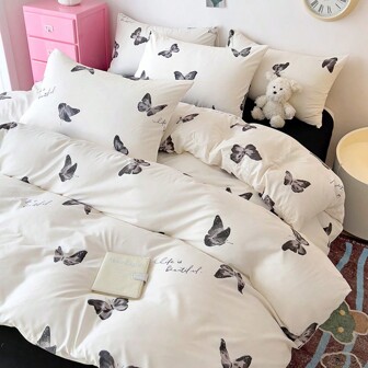 3pcs/Set, Cute Butterfly Pattern Duvet Cover Set (1pc Duvet Cover + 2pcs Pillowcases), Excludes Comforter & Pillows, Random Pillowcase Print
