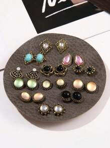 Vintage Turquoise & Cat Eye Stone Inlaid Earrings Set (12pairs) - Multicolor - View 6