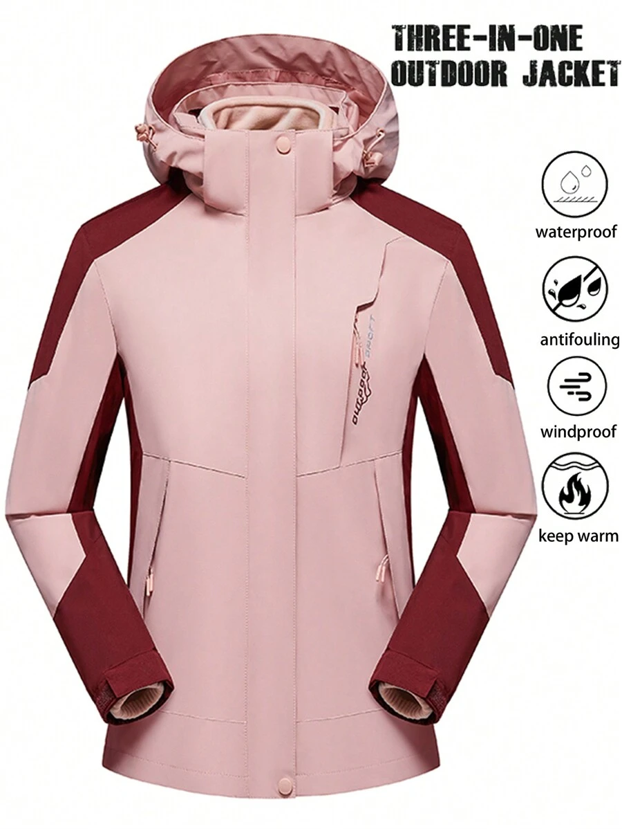 1 pieza Chaqueta softshell 3 en 1 para mujer para deportes al aire libre, montañismo, acampada, con capucha desmontable, a prueba de viento, impermeable y forro térmico contra el frío - Burdeos - Ver 1