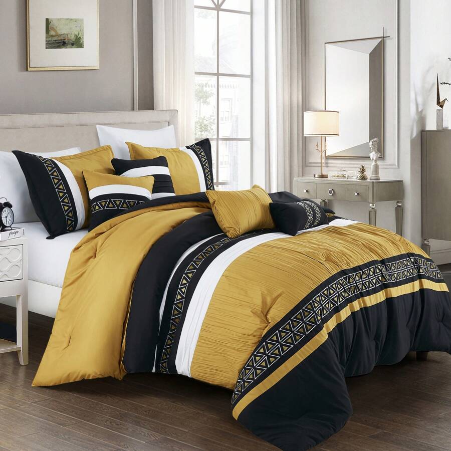 7 Pieces Luxurious  Embroidered Bedding Set - Elegant Design & Cozy Comfort - Ideal For Home Decor, Bed In A Bag, Brushed Microfiber-1 Comforter, 2 Pillow Shams, 4 Decor Pillows - Màu vàng - Xem 1