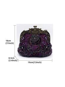 1pc Purple Rose Embroidered Beaded Sequin With Rose Carving Bronze Tone Rhinestone Decor 1920s Vintage Style Evening Clutch Bag, Suitable For Women's Formal Occasion, Party, Wedding Dress, Gift For Lady, Mother, Birthday