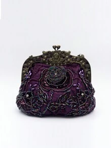 1pc Purple Rose Embroidered Beaded Sequin With Rose Carving Bronze Tone Rhinestone Decor 1920s Vintage Style Evening Clutch Bag, Suitable For Women's Formal Occasion, Party, Wedding Dress, Gift For Lady, Mother, Birthday