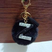 1pc Cute Letter Shaped Zinc Alloy Keychain, Keyring Spring/Summer/Autumn/Winter, Black English Letters & Fuzzy Ball Decor Car Accessories Bag Charm Backpack For School Goth Y2k Christmas Gift Ideas Bag Accessories Lanyards With Id Holder Car Accessories Bag Charms Car Teacher Friend Sister - Black + White - View 31