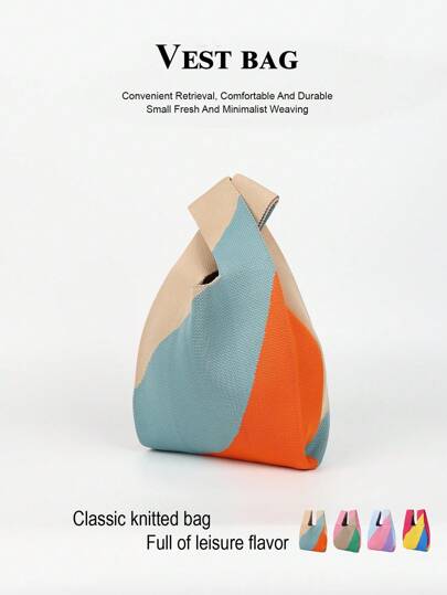 1pc Multicolor Block Contrast Crochet Breathable Lightweight Foldable Handbag Women Tote Bag, Suitable For Daily, Vacation, Commuting, Shopping, Photography, Outing, Camping, Hiking, Back To School, Travel, Holiday, School Girls And Ladies, All Seasons, Perfectly Matching With Vacation Outfits Women, Vacation Essentials, Perfect For Summer, Vacation & Beach , Crochet