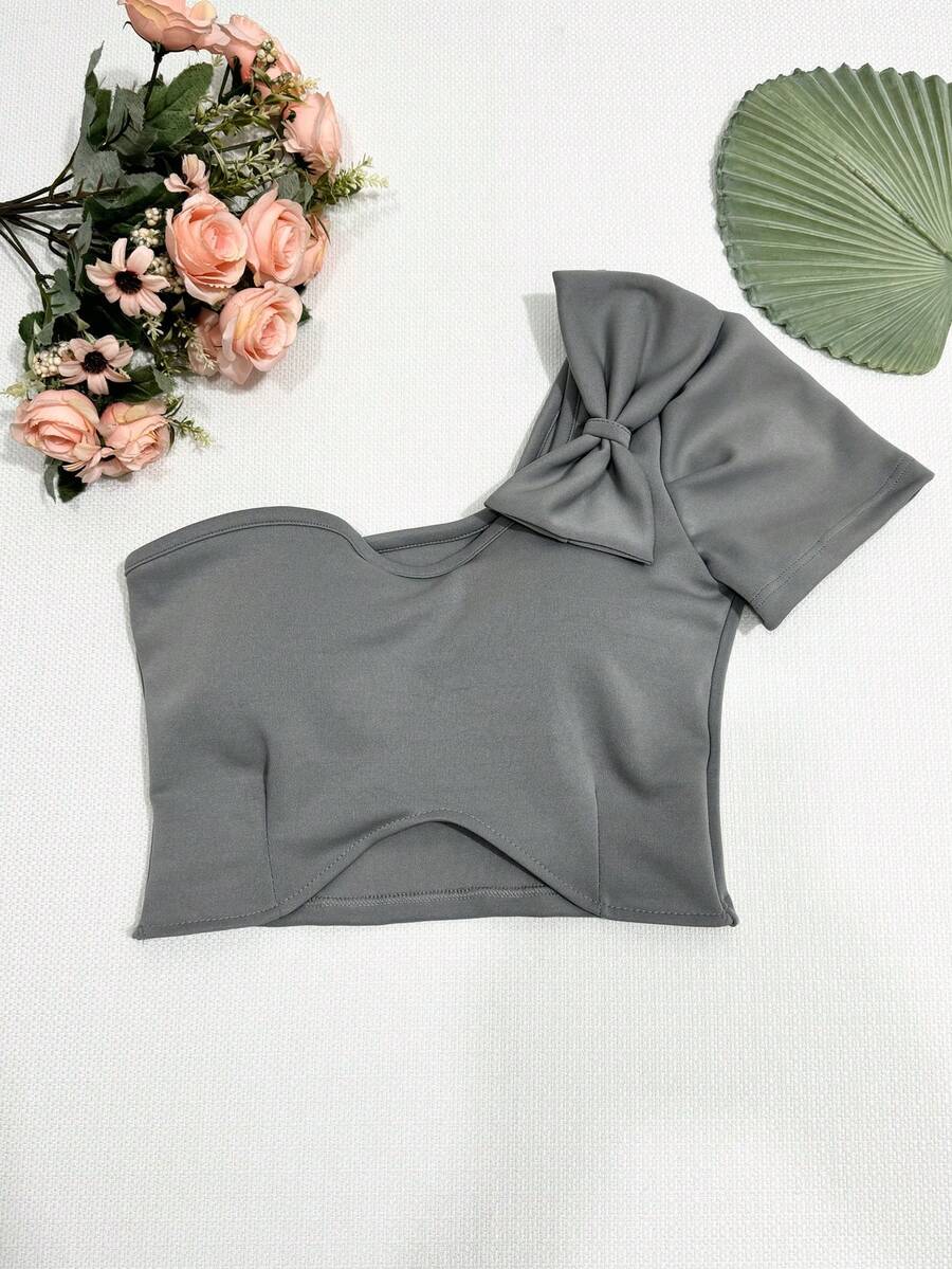 Cropped Top With Bow Tie Padding2024 - 灰色 - 查看 1
