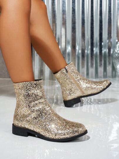 Women's Plus Size Glitter Chelsea Boots, Round Toe Side Zipper Design, Chunky Heel, Outdoor Punk Style Short Ankle Boots, Autumn/Winter