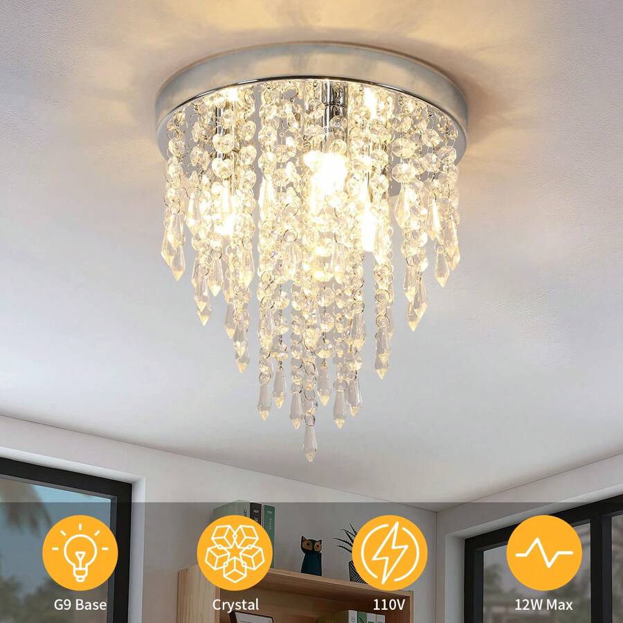 1 Pack Modern Crystal Chandelier Raindrop Crystal Ceiling Light, 3 Lamp Bases, Silver, 9.84 Inch, Flush Mount, Hallway, Bedroom (Bulb Not Included) - Silver - View 1