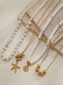 Set di 4 collane da spiaggia da vacanza, con conchiglie, perle barocche e stile bohémien vintage, per donne