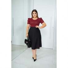 CONJUNTO SAIA GODE PRETA + BLUSA BUFANTE VERMELHA MODA EVANGELICA FEMININA