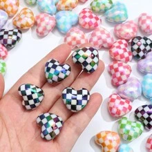 1/5/10颗亚克力珠，棋盘格心形隔珠，散珠，适合DIY首饰制作 - Checkerboard Plaid Heart - 查看 3