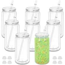 HILAKE 16 Oz Plastic Snow Globe Tumbler, 8 Packs Double Wall Snowglobe Tumbler With Pre Drilled Hole, Plastic Mason Jar Cups Can For Snow Globe Glitter DIY, Christmas And Halloween Gifts, Water Bottle, For Outdoor, Camping