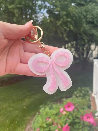 1pc Pretty Pearlescent Pink And White Bow Keychain With Gold Features Valentine's Day Valentines Car Accessories Bag Charm School Cute Goth Y2k Bag Lanyards With Id Holder Car Accessories Bag Charms Christmas Gift
