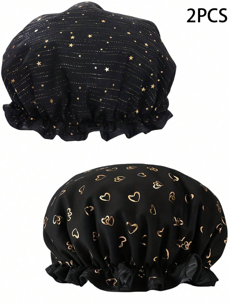 可重复使用双层心形金箔防水浴帽，浴室配件，时尚浴帽返校