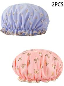 可重复使用双层心形金箔防水浴帽，浴室配件，时尚浴帽返校