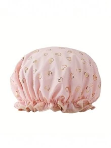 可重复使用双层心形金箔防水浴帽，浴室配件，时尚浴帽返校