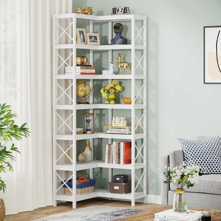 Tribesigns Eck-Bücherregal, hohes Bücherregal, industrielles großes Eckregal, bodenstehendes Eckregal, Lagerregal, Aufbewahrungsregal mit Metallrahmen für Wohnzimmer, Zuhause, Büro (7 Ablagen) - Weiss - Übersicht 1