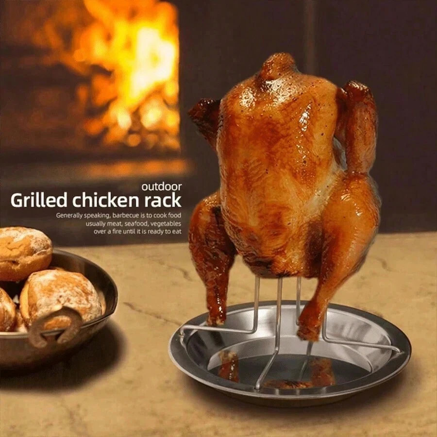 1 件不锈钢鸡肉架鸡肉烤架，垂直烤架鸡肉盘用于烤炉烧烤，感恩节烤鸡，烤架厨房户外烧烤工具碳钢不粘烤鸡盘鸡肉烤架（礼品：硅胶油刷） - 彩色 - 查看 1