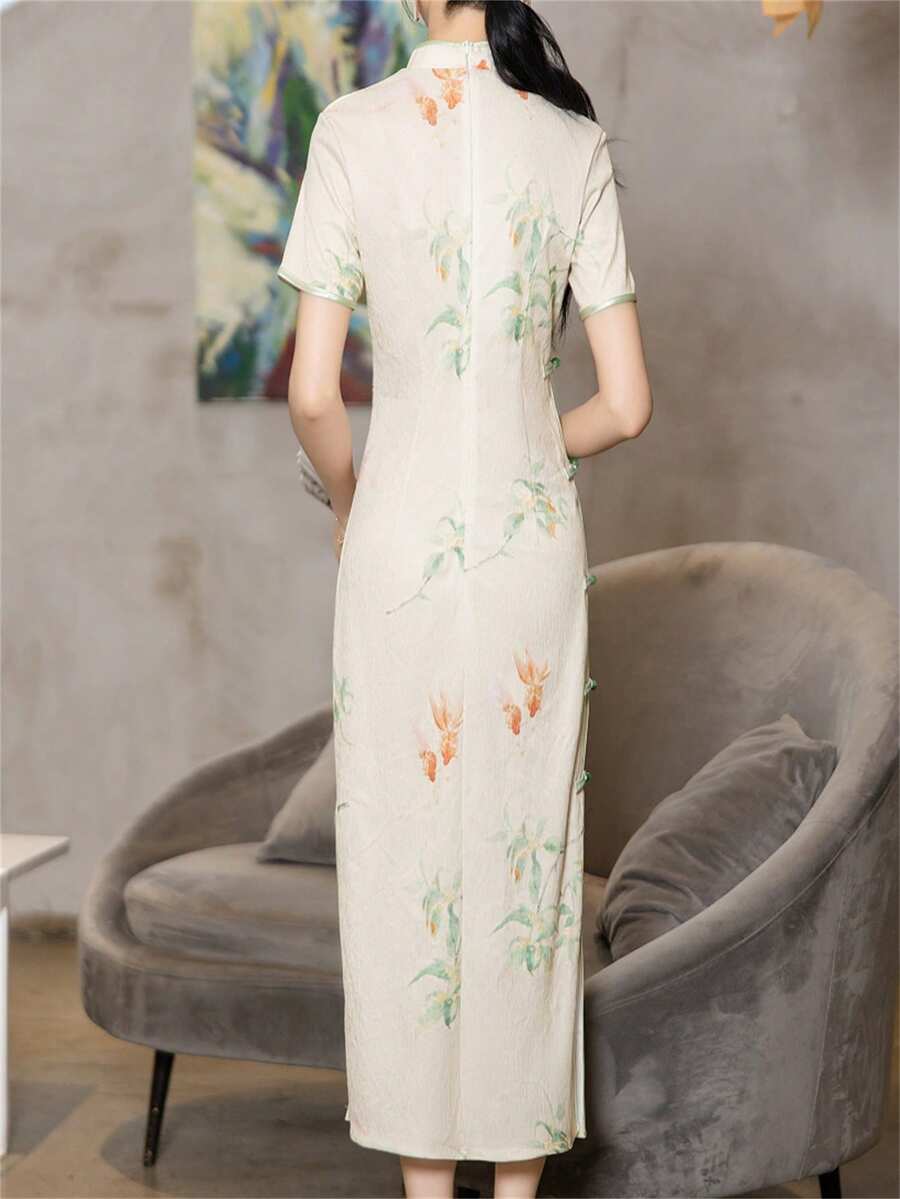 新款中式旗袍连衣裙，年轻人花卉印花夏季女装 - 杏色 - 查看 1