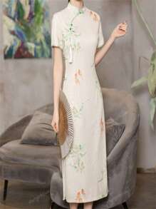 新款中式旗袍连衣裙，年轻人花卉印花夏季女装