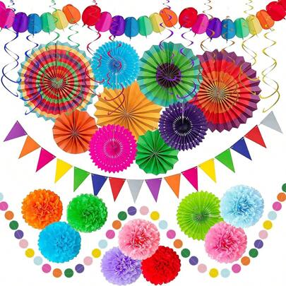 33pcs/Set Colorful Holiday Party Decorations, Festival Paper Fans Party Decoration Set, Mexican Theme Hanging Paper Fans, Rainbow Paper Pom Poms, Colorful Flags, Garlands, Banners, Hanging Swirl Decorations (Multicolor),Christmas