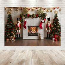 1 件，多功能圣诞摄影背景面料 - 设计有节日壁炉和圣诞树配套袜子，适合节日派对、蛋糕桌横幅和照相亭、圣诞节 - 多色 - 查看 5